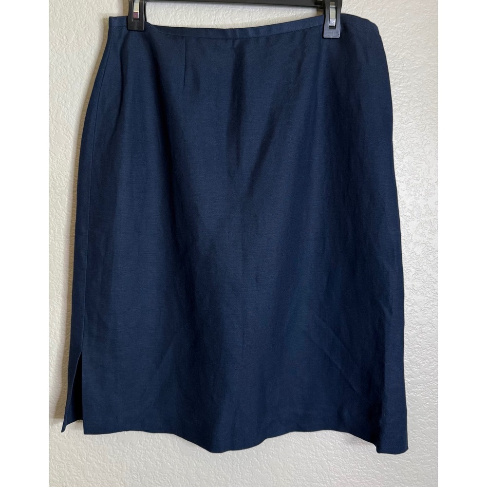 David N. Women Size 12 Pencil Skirt Navy Blue Linen Blend Side Slit Career Chic